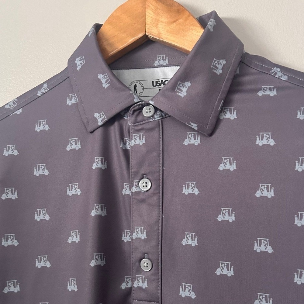 U Suck At Golf Polo Shirt Mens Small Gray Golf Cart Print Performance Stretch
